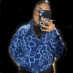 Happy face floral half zip pullover